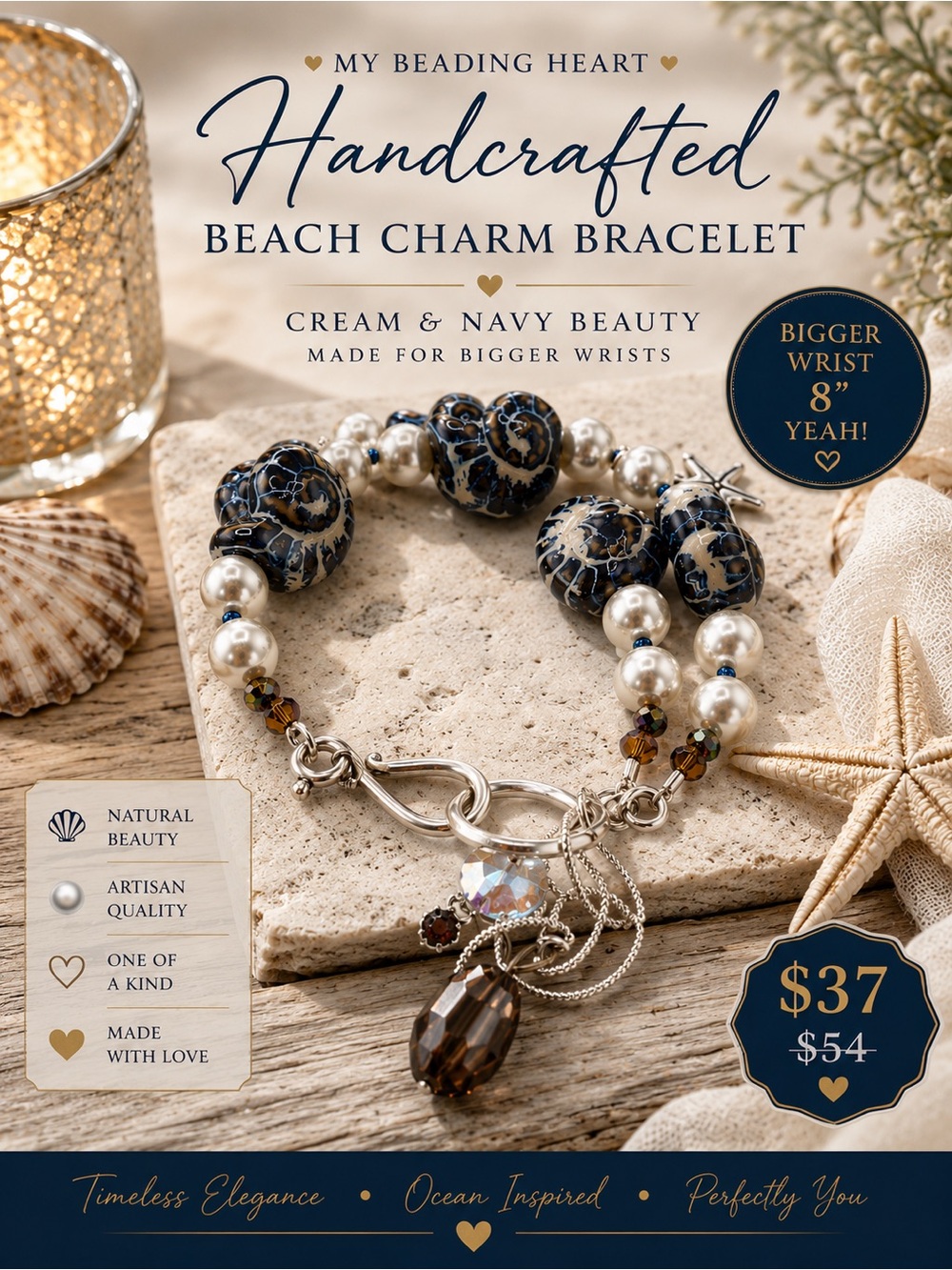 Handcrafted Beach Pearl & Seashell Charm Bracelet - Cream & Navy Bigger Wrists 💋